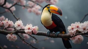 A colorful toucan perched on a branch with pink blossoms against a moody background. photo