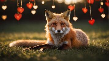 A fox rests on grass with heart-shaped decorations hanging above, creating a whimsical scene. photo