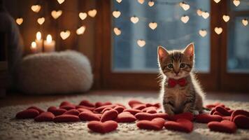 A cute kitten in a bow tie surrounded by heart-shaped decorations for a cozy atmosphere. photo