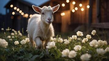 A playful goat walks among flowers with soft lighting in a rustic setting. photo