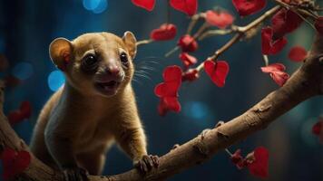 A cute animal perched on a branch adorned with heart-shaped leaves in a whimsical setting. photo