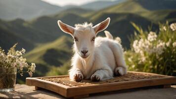 A cute goat lounging on a wooden tray with a scenic mountain backdrop. photo