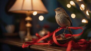 A bird perched on a decorative ribbon in a cozy, softly lit setting. photo