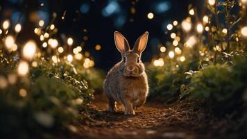 A rabbit walks along a path illuminated by glowing lights in a serene forest setting. photo
