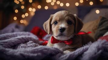 A cute puppy with a red bow resting on a cozy blanket, surrounded by soft lights. photo