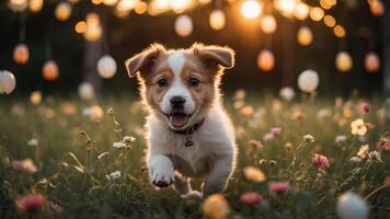 A playful puppy runs through a flower-filled field, illuminated by soft, glowing lights. photo