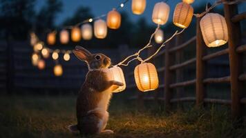A rabbit interacts with glowing lanterns in a serene outdoor setting at dusk. photo