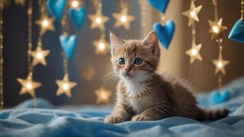 A cute kitten sits on a soft surface with decorative lights in the background. photo