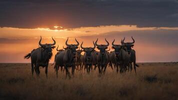 A herd of wildebeests stands against a sunset in a grassy landscape. photo