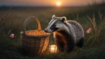 A badger near a woven basket and lantern at sunset in a grassy field. photo