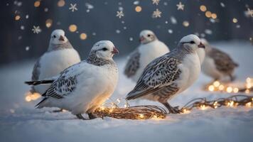 Five birds on snow with lights and falling stars create a serene winter scene. photo
