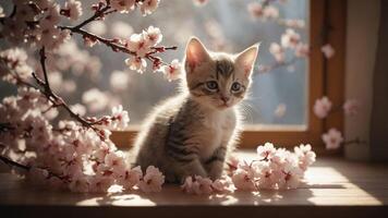 A playful kitten surrounded by cherry blossoms in soft sunlight by a window. photo