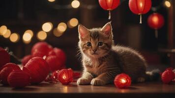 A cute kitten surrounded by red lanterns and soft lights, creating a cozy atmosphere. photo