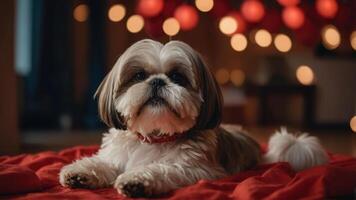 A Shih Tzu dog lies on a red blanket with soft bokeh lights in the background. photo