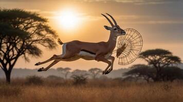 A gazelle leaps gracefully against a sunset backdrop, showcasing wildlife in motion. photo