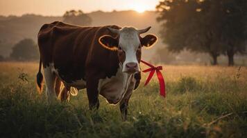 A cow with a red ribbon stands in a sunlit field at sunset. photo