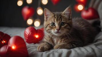 A cute kitten surrounded by decorative hearts and soft lights, creating a cozy atmosphere. photo