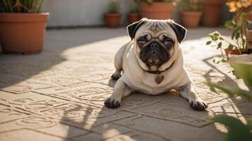 A pug resting on a patterned floor surrounded by potted plants in soft sunlight. photo