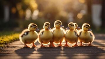 Five fluffy ducklings standing in a row during golden hour. photo