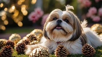 A Shih Tzu resting among pine cones, with a soft focus on flowers in the background. photo