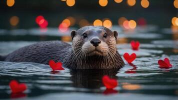 A playful otter surrounded by heart-shaped decorations in a serene water setting. photo