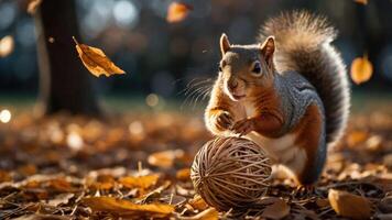 A squirrel playing with a ball of twine amidst autumn leaves in a sunny park. photo