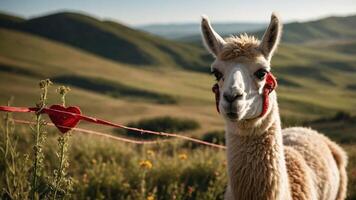 A llama with red accessories stands in a scenic landscape filled with greenery and hills. photo