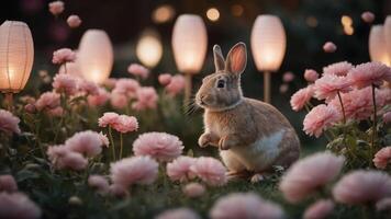 A serene rabbit surrounded by pink flowers and lanterns in a tranquil garden setting. photo