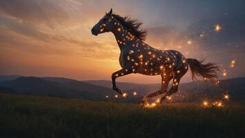 A majestic horse galloping through a field, surrounded by sparkling lights at sunset. photo