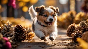 A playful puppy joyfully runs through a path surrounded by pinecones and autumn foliage. photo