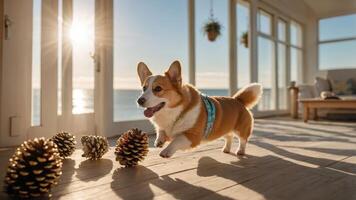 A playful corgi runs joyfully on a sunlit deck by the sea, surrounded by pine cones. photo