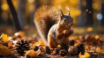 A playful squirrel amidst pine cones and autumn leaves in a vibrant forest setting. photo