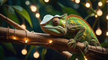 A vibrant chameleon resting on a branch adorned with glowing lights in a lush environment. photo