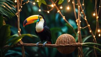 A colorful toucan perched on a branch surrounded by greenery and lights. photo