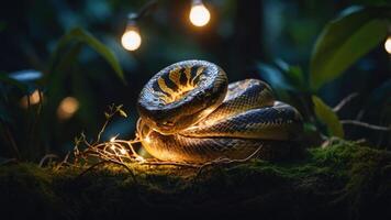 A coiled snake illuminated by soft lights, resting on moss in a lush, dark environment. photo