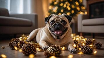 A happy pug surrounded by pine cones and fairy lights, set in a cozy holiday atmosphere. photo