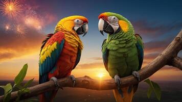 Two colorful parrots perched on a branch during a sunset with fireworks in the background. photo