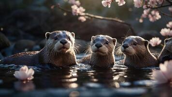 Three otters swimming in a serene setting with cherry blossoms. photo