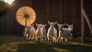 Five playful goats running in a sunlit field near a rustic wooden structure. photo