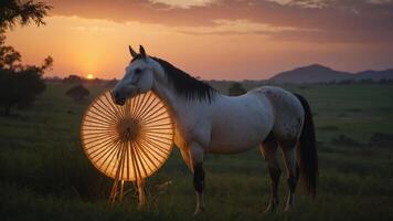 A serene horse stands beside a glowing umbrella at sunset in a tranquil landscape. photo
