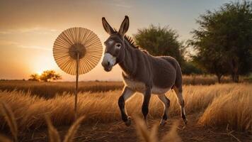 A donkey walks through golden wheat fields at sunset, with a decorative fan in the background. photo