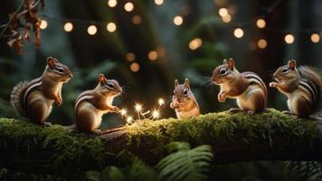 Five chipmunks play with sparkler lights on a mossy log in a forest setting. photo