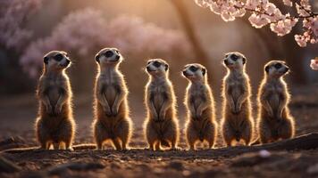 A group of meerkats standing upright in a serene environment with cherry blossoms. photo