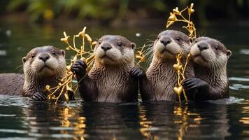 Four otters holding decorative branches in a serene water setting. photo