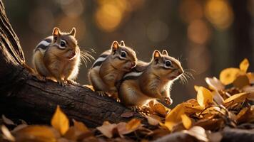 Three chipmunks on a log surrounded by autumn leaves in a forest setting. photo