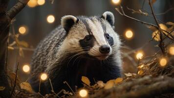 A close-up of a badger surrounded by warm, glowing lights in a forest setting. photo