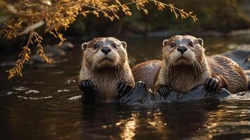 Two otters playfully interacting in a serene water setting surrounded by nature. photo
