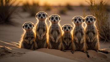 A group of six meerkats standing upright in a desert setting during sunset. photo
