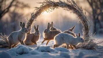A group of rabbits playfully moving through a snowy landscape, framed by a natural arch. photo