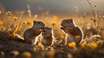 Three squirrels interacting in a field of flowers during golden hour. photo